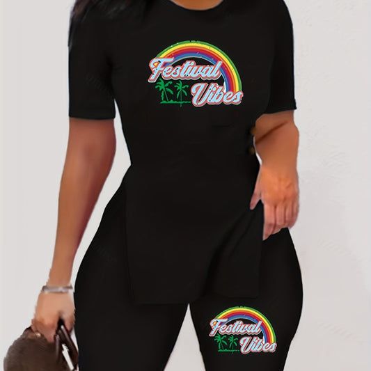 Rainbow Print Two-piece Set Short Sleeve T-shirt & Shorts Women's Clothing
