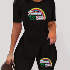 Rainbow Print Two-piece Set Short Sleeve T-shirt & Shorts Women's Clothing
