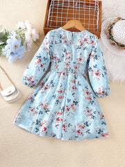 Girls Shirred Waist V Neck Flowers Dress for Spring and Autumn
