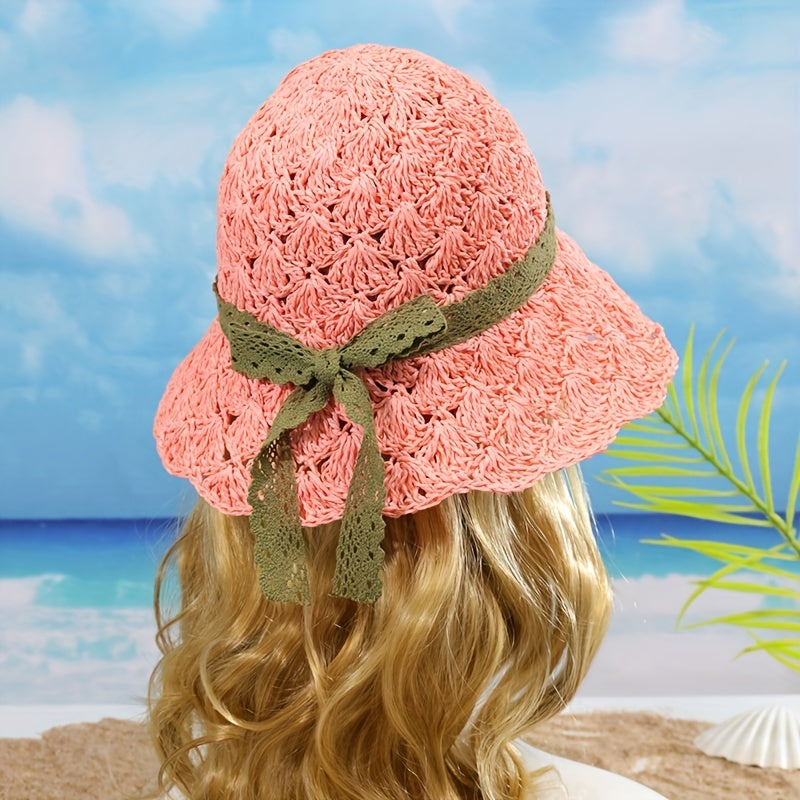 Lace Strap Sun Hat UV Protection Hollow Crochet Straw Hat Solid Bucket Hat