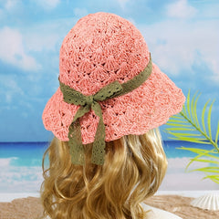 Lace Strap Sun Hat UV Protection Hollow Crochet Straw Hat Solid Bucket Hat