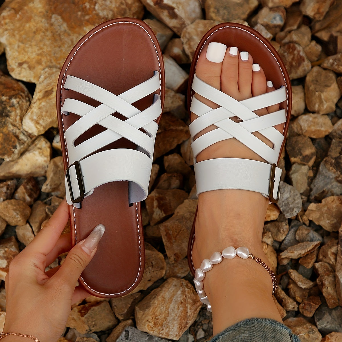 Women's Cross Strap Flat Slides Lightweight Faux Leather Shoes