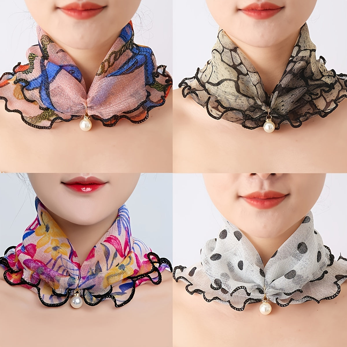Mesh Scarf Colorful Print with Faux Pearl Pendant