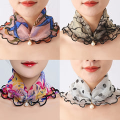 Mesh Scarf Colorful Print with Faux Pearl Pendant