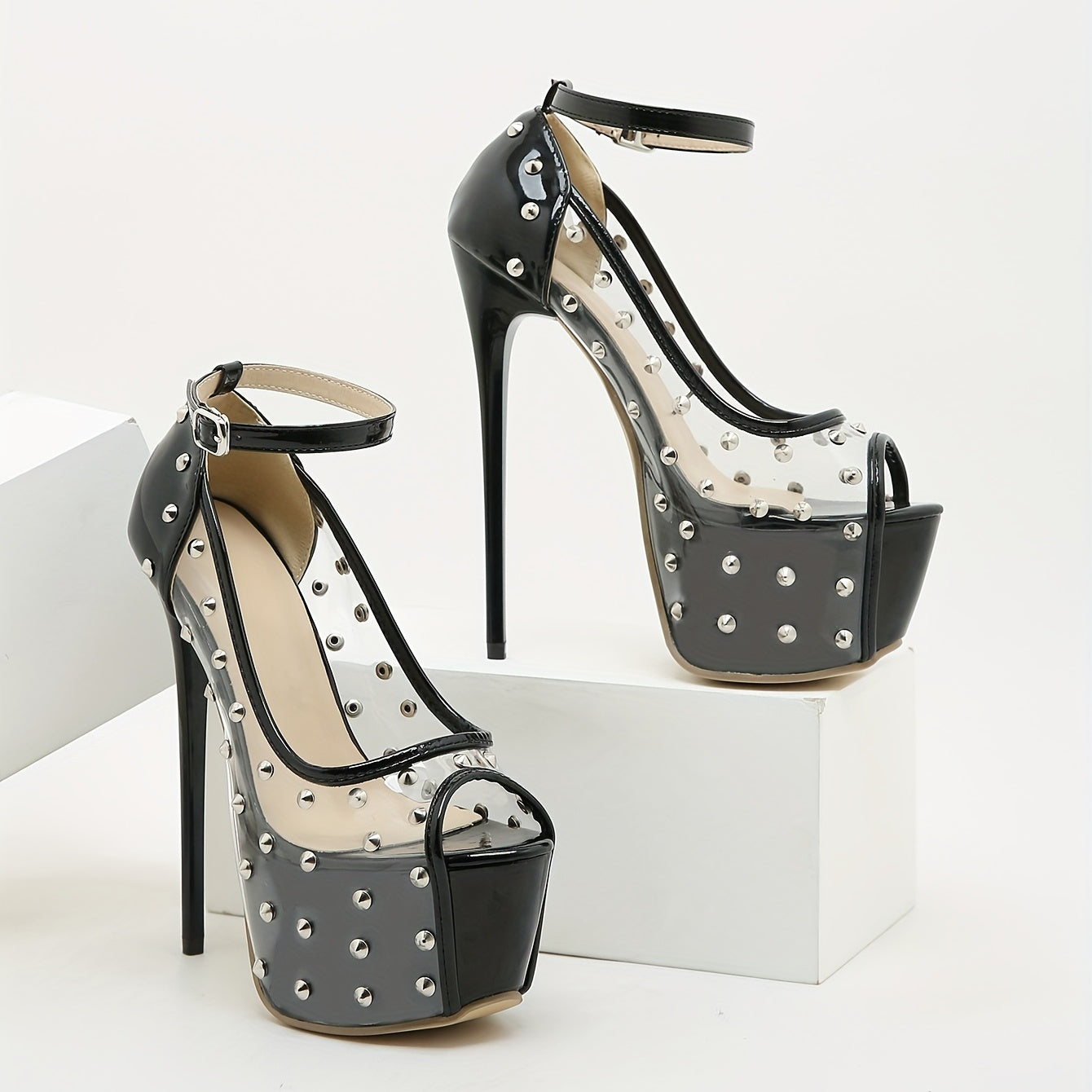Rivet Decor Platform Sandals Peep Toe Ankle Buckle Stiletto High Heel Shoes