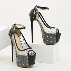 Rivet Decor Platform Sandals Peep Toe Ankle Buckle Stiletto High Heel Shoes