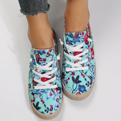 Floral Print Canvas Lace Up Flat Sneakers for Women