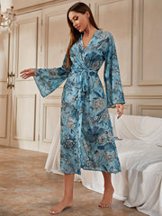 Floral Print Mesh Night Robe Long Sleeve V Neck Robe