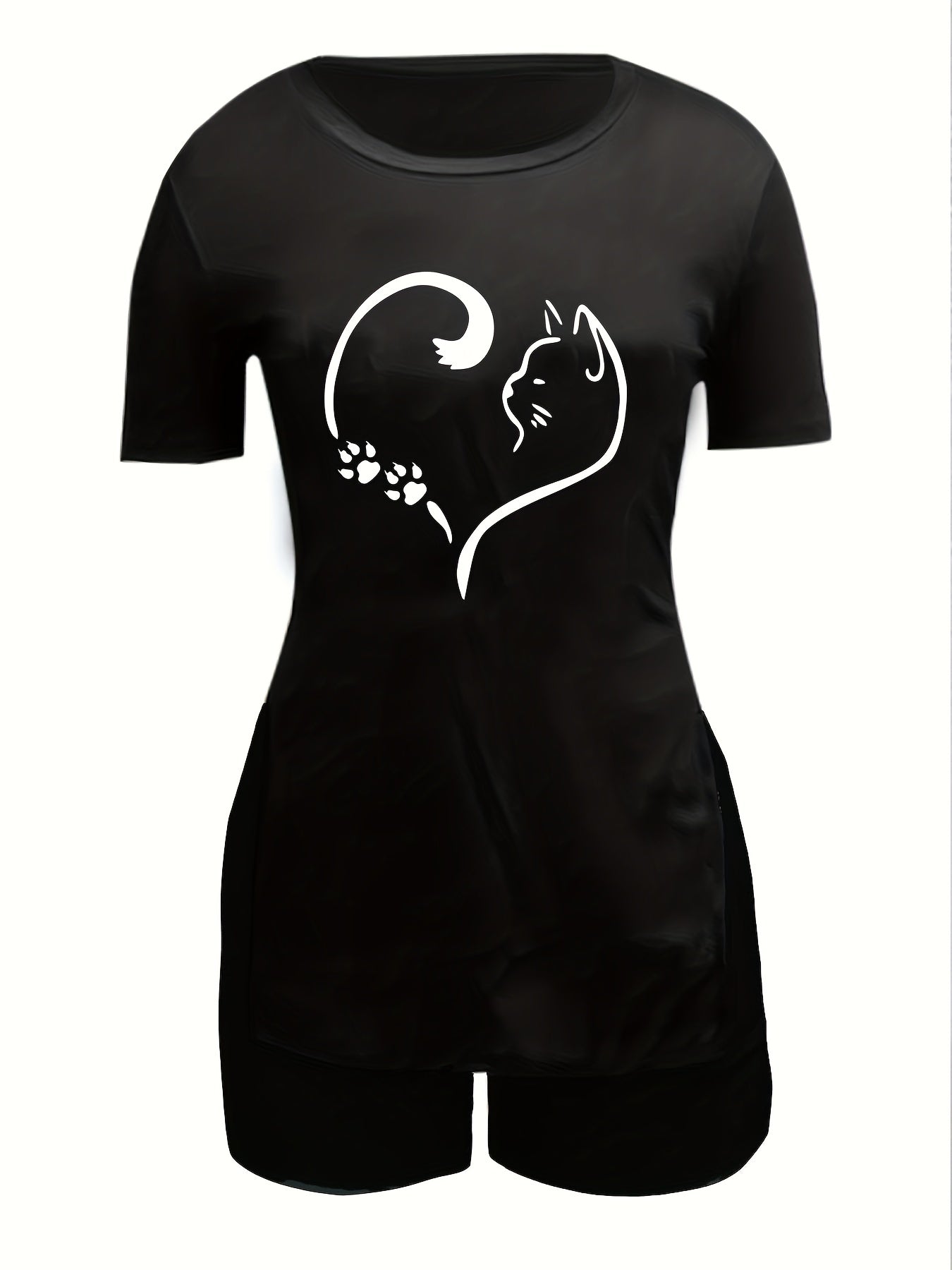 2pcs Heart And Cat Graphic Split Tee & Shorts Set Women's Activewear