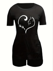 2pcs Heart And Cat Graphic Split Tee & Shorts Set Women's Activewear