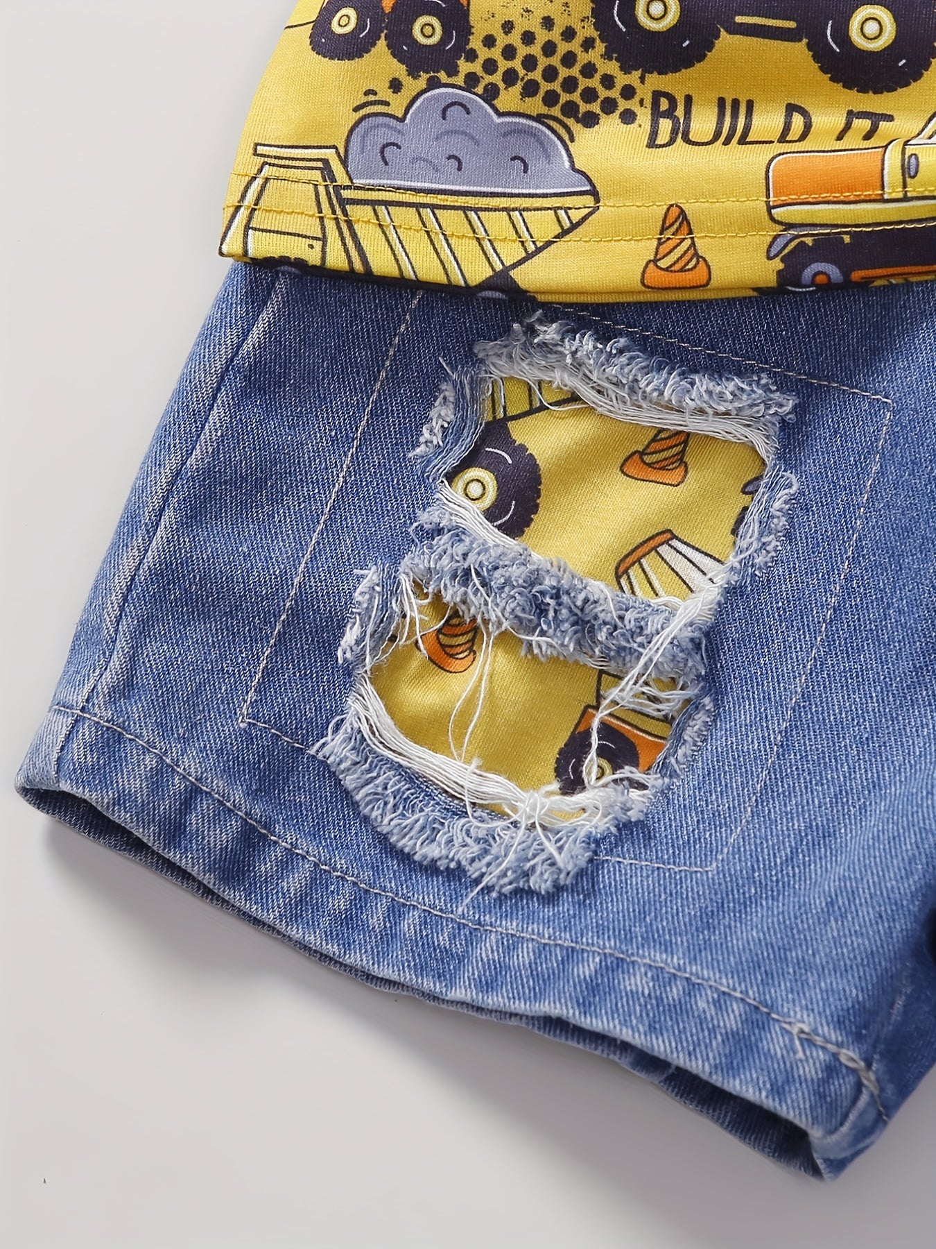 Excavator Pattern T shirt & Denim Shorts Set for Boys