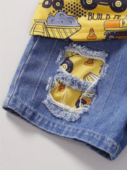 Excavator Pattern T shirt & Denim Shorts Set for Boys