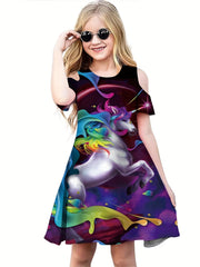 Summer Girls Fancy Horse Cartoon 3D Print Dresses Kids Party Princess Dress
