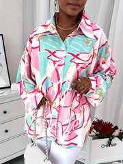 Casual Blouse Women's Plus Allover Print Button Up Long Sleeve