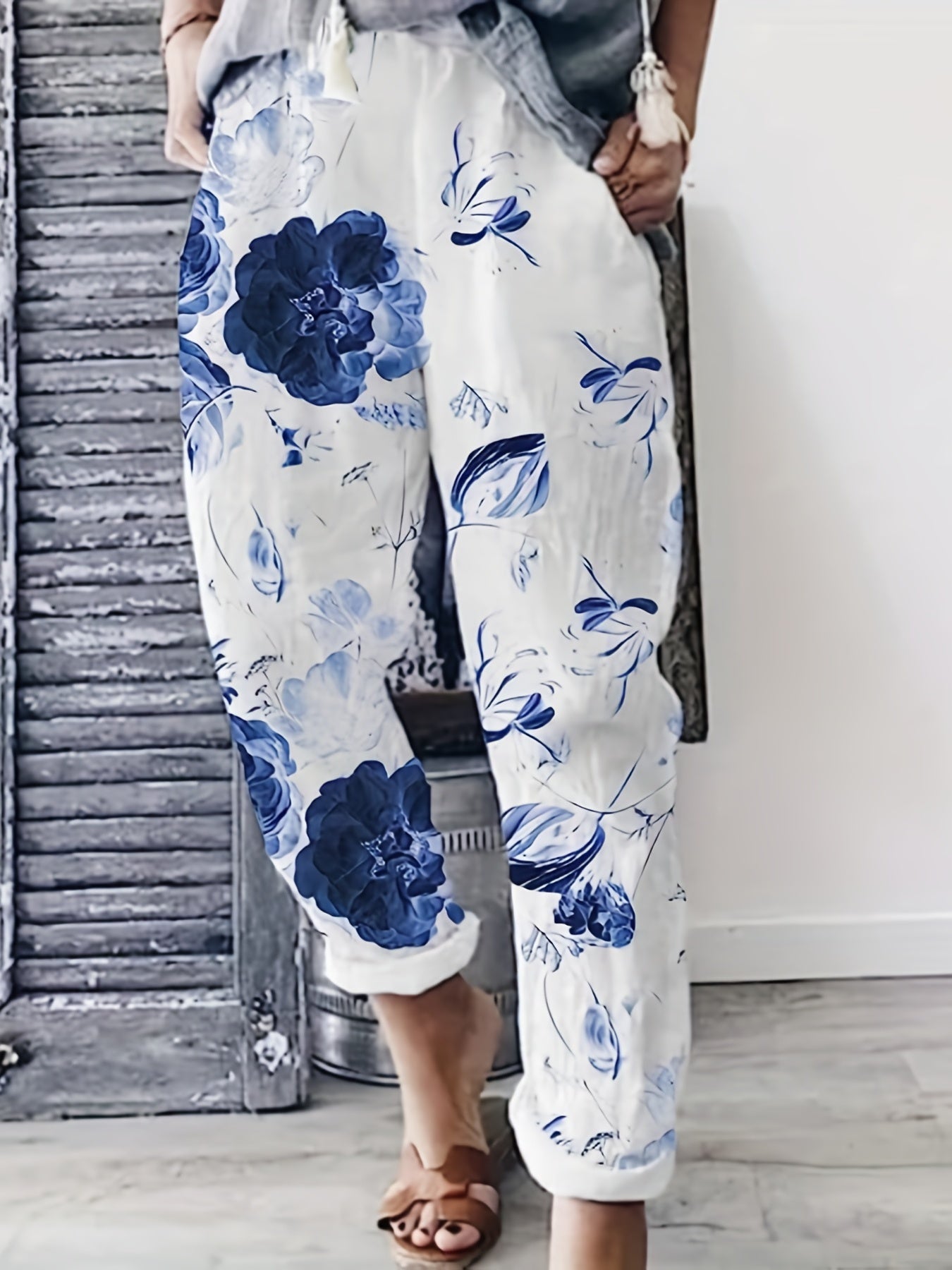 Marble Print Elastic Waist Pants Long Length