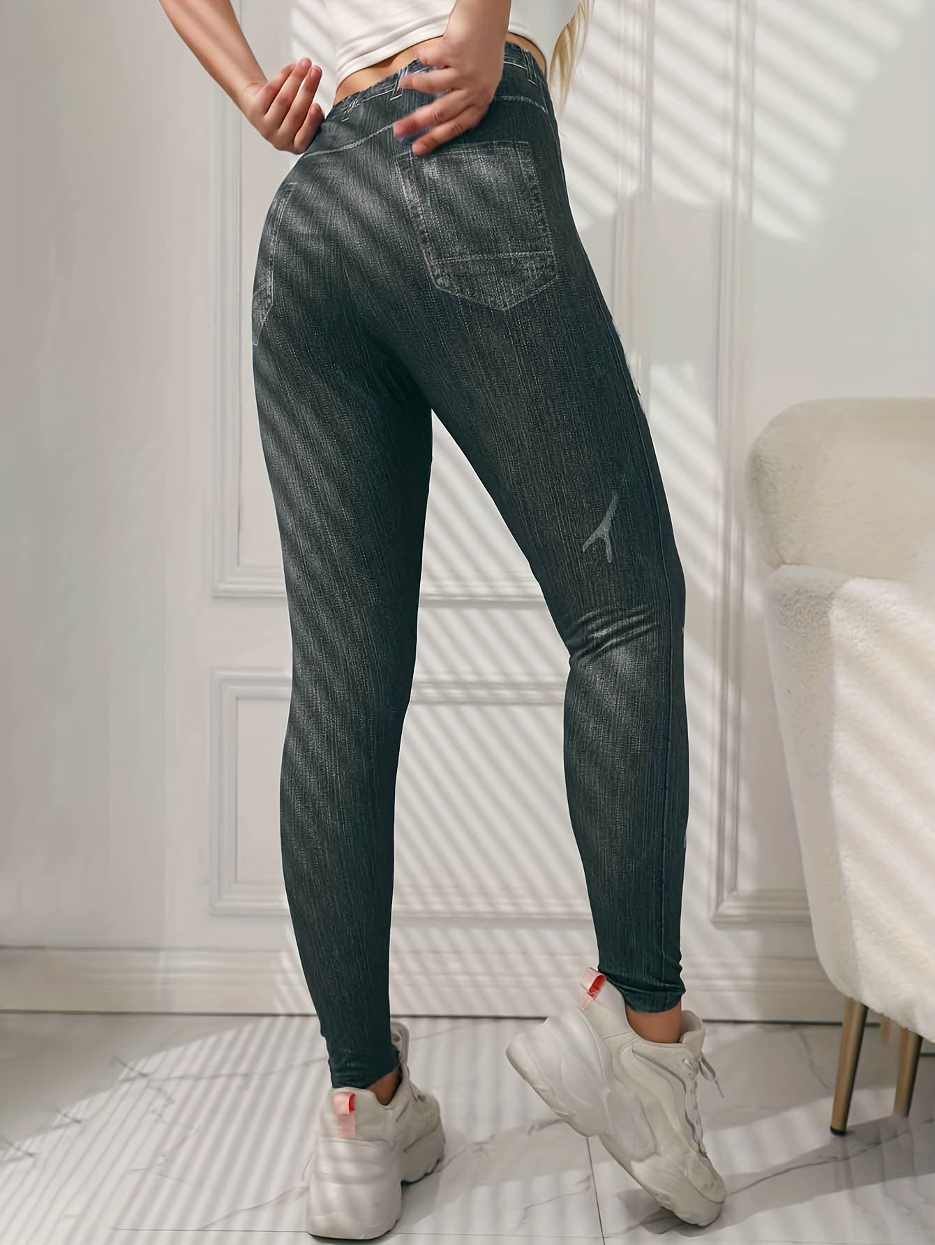 Denim Print Ripped Pants High Waist Slim Pants