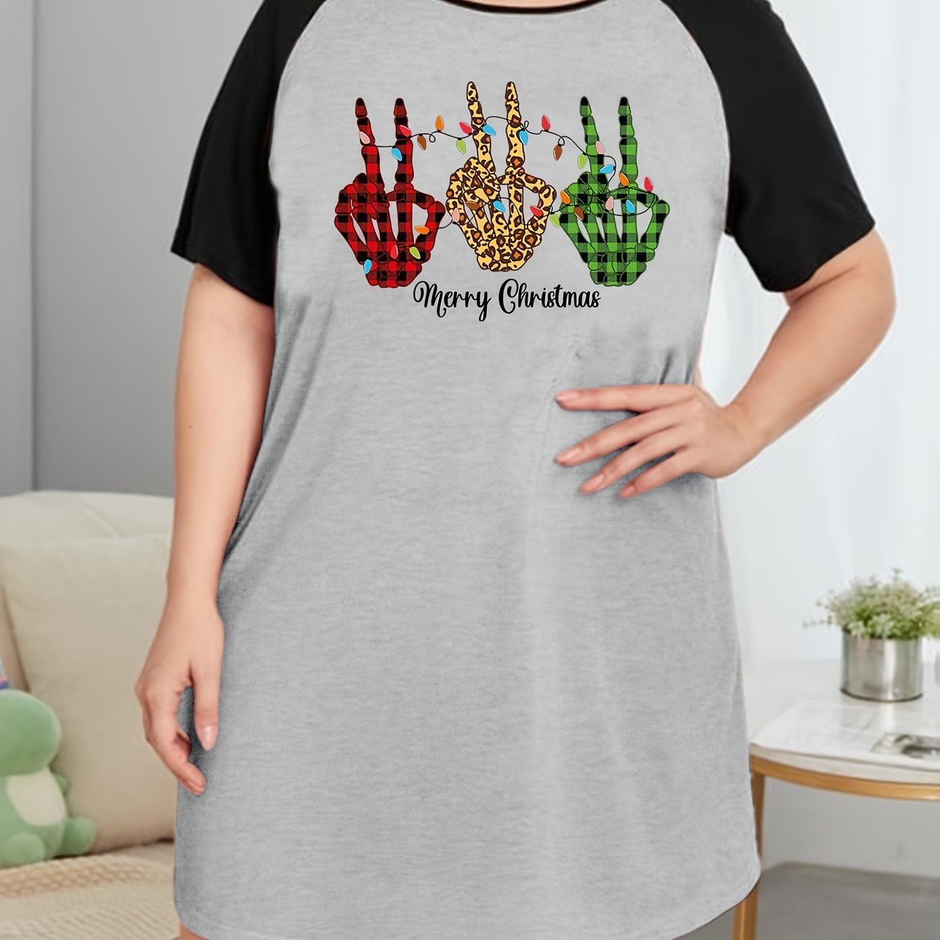 Christmas Skeleton Hand & String Lights Print Raglan Tee Sleep Dress