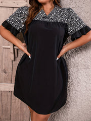 Colorblock Ditsy Print Ruffle Trim V Neck Dress