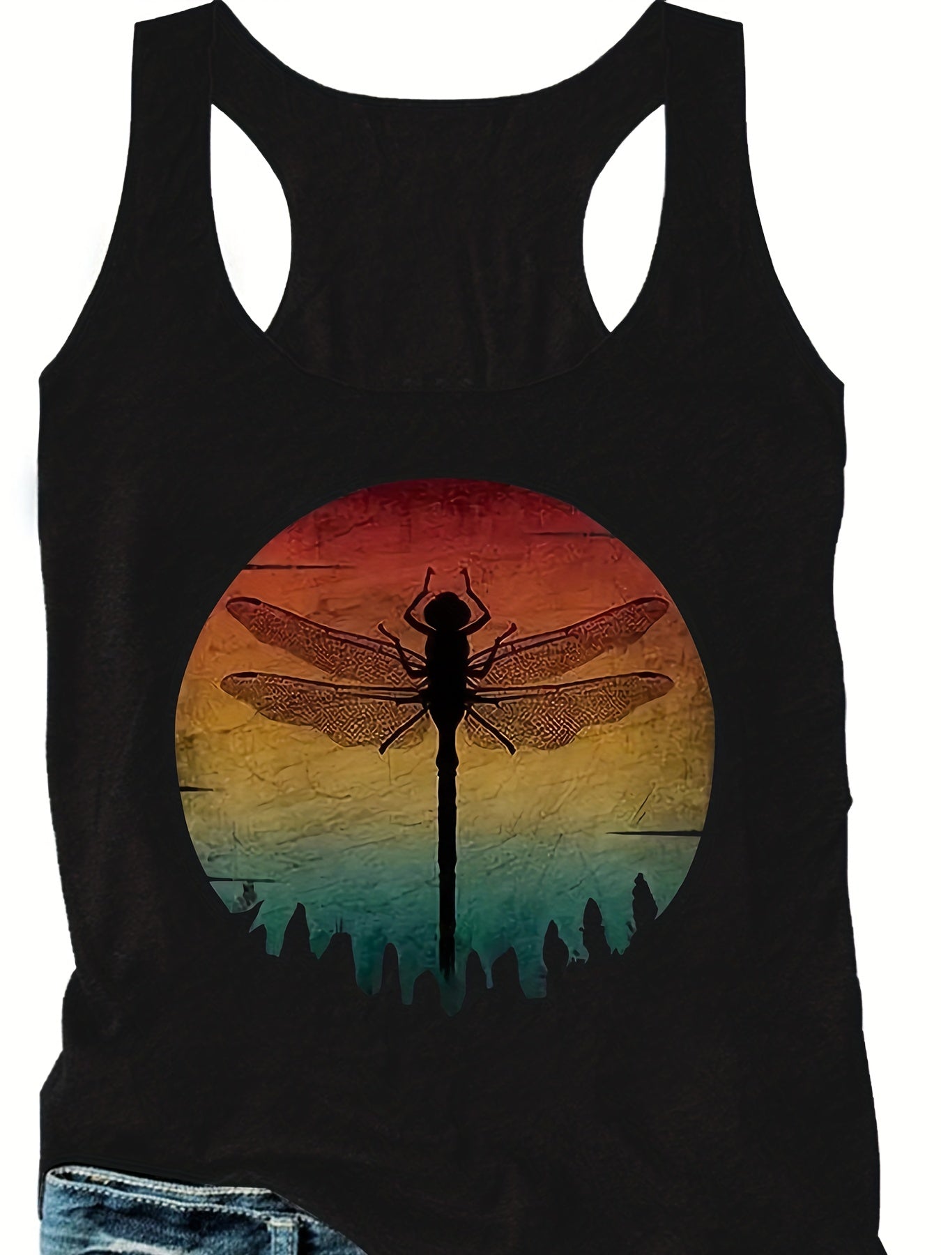 Dragonfly Print Round Neck Plus Size Tank Top