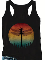 Dragonfly Print Round Neck Plus Size Tank Top