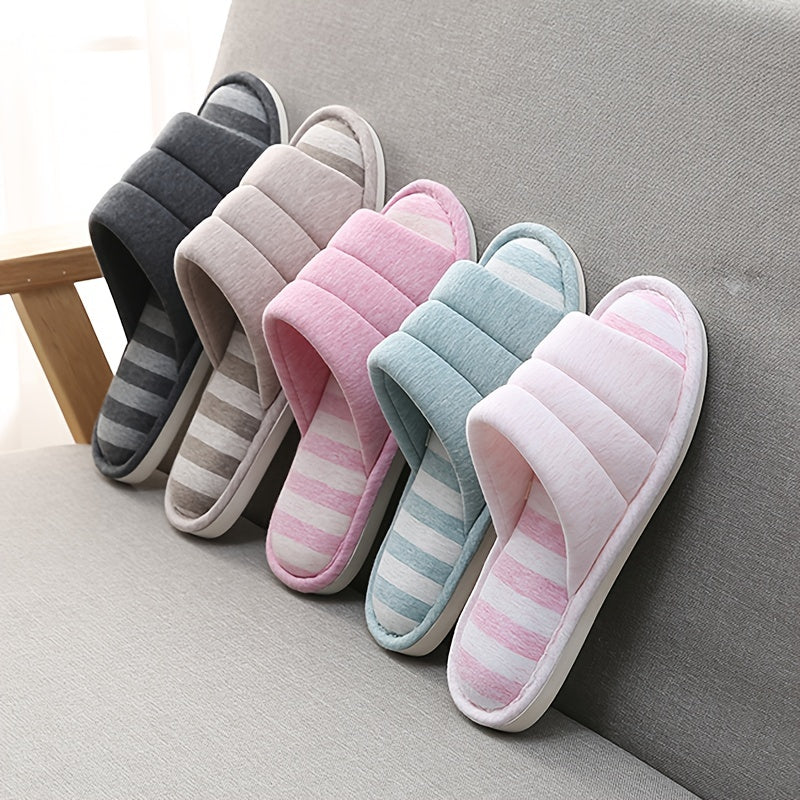 Stripe Pattern Slippers Open Toe Plush Lined Shoes