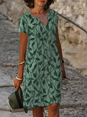 Leaf Print Cut Out Front Short Sleeve Dress
