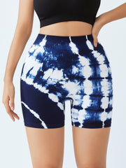 Tie Dye High Waist Yoga Exercise Shorts Wide Waistband Gym Cycling Activewear