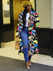 Y2K Geo Print Lapel Long Coat Women's Outerwear