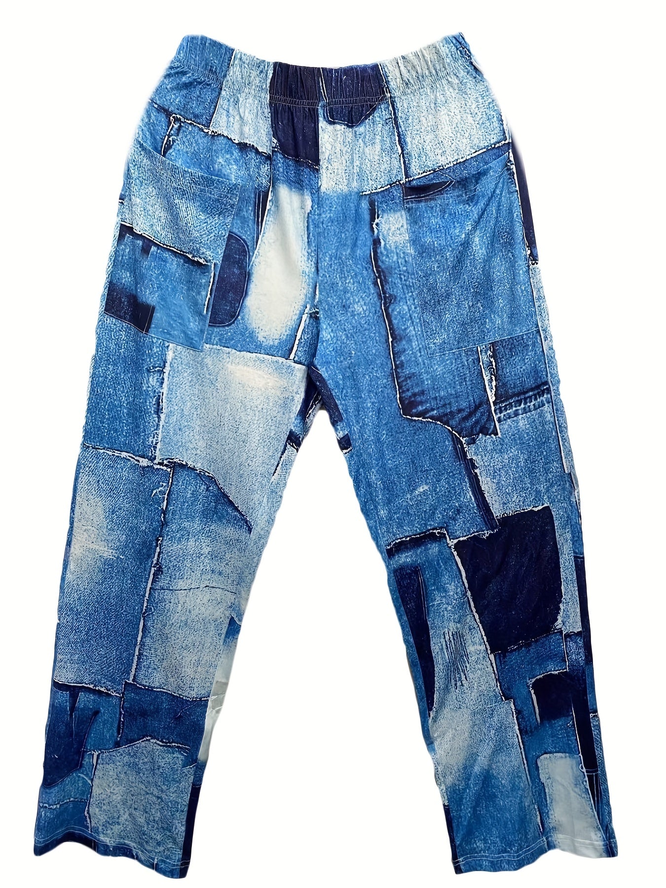 Patchwork Print Wide Leg Pants Casual Pocket Pants