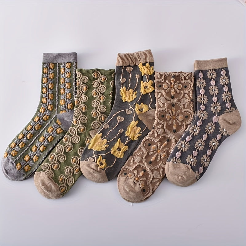 5 Pairs Retro Floral Textured Women's Socks All-match Stock