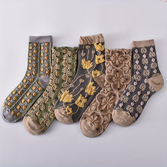 5 Pairs Retro Floral Textured Women's Socks All-match Stock