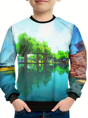 Kids 3D Print Sweatshirt Lake Scenery Tee Building Block Top