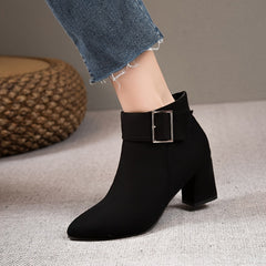 Women's Chunky Heel Ankle Boots with Buckle Decor Side Zip