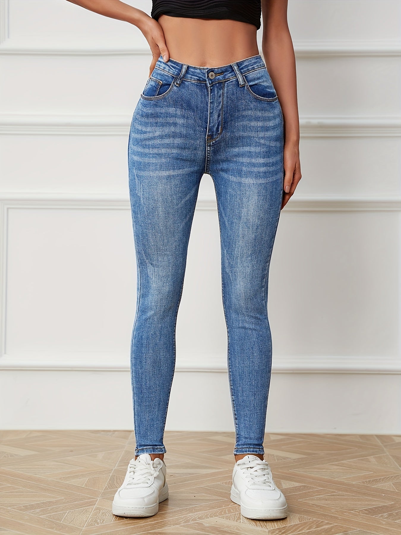 High Rise Water Ripple Skinny Jeans High Waist Zipper Button Closure