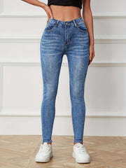 High Rise Water Ripple Skinny Jeans High Waist Zipper Button Closure