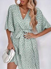 Floral Print Tie Front Dress V Neck Short Sleeve Dress Casual