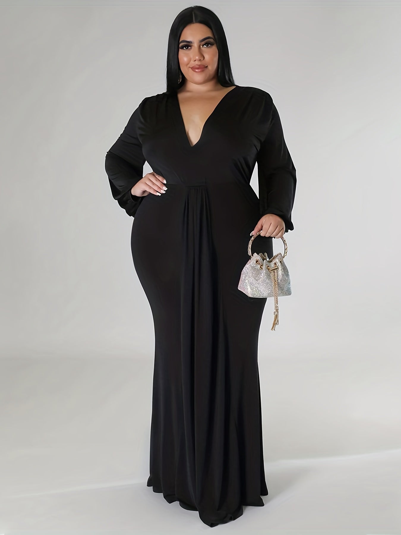 Sexy Dress Solid Lantern Sleeve V Neck High Split Maxi Dress