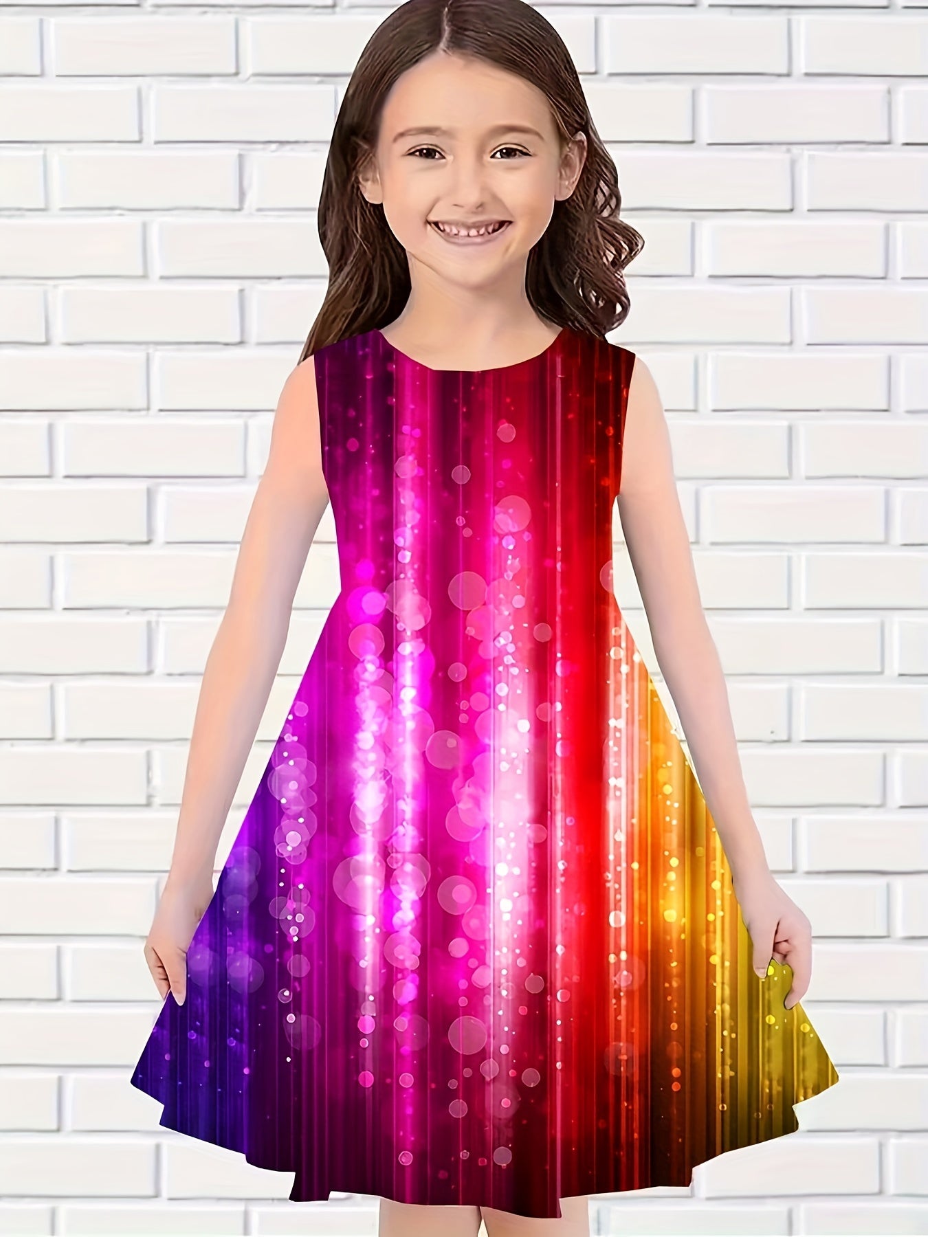 Rainbow Style Print Dress Girls Casual Sleeveless Dresses For Summer Party