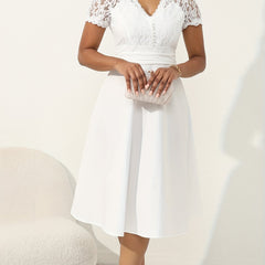 V Neck Button Front Wedding Dress Short Sleeve Dress
