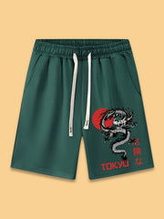 Dragon Print Casual Sportswear Men's Shorts with Pockets