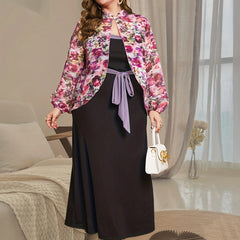 Floral Print Lantern Sleeve Cardigan & Belted Dress Set