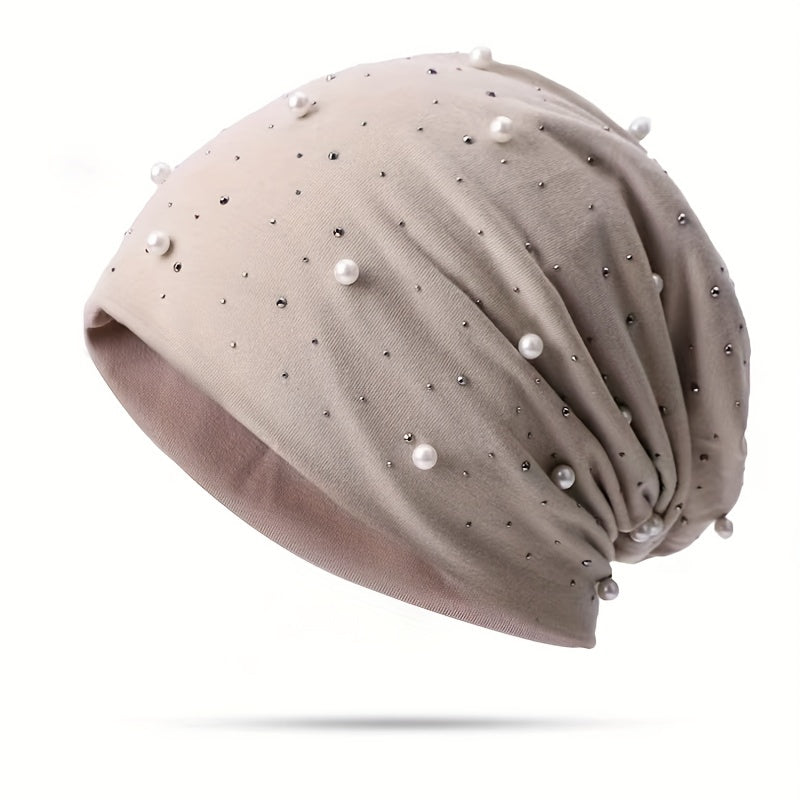 Faux Pearl Decor Beanie Solid Elastic Skull Cap Women Slouchy Baggy Hats