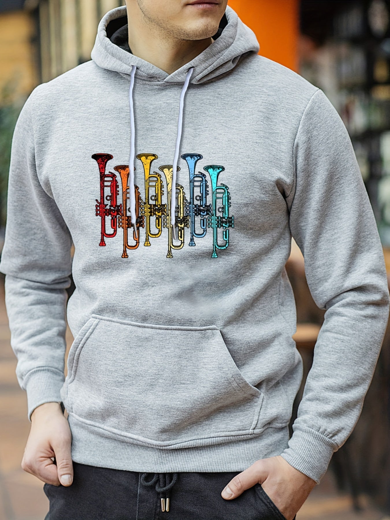 Men's Saxophone Print Hoodie Casual Breathable Hooded Sweatshirt