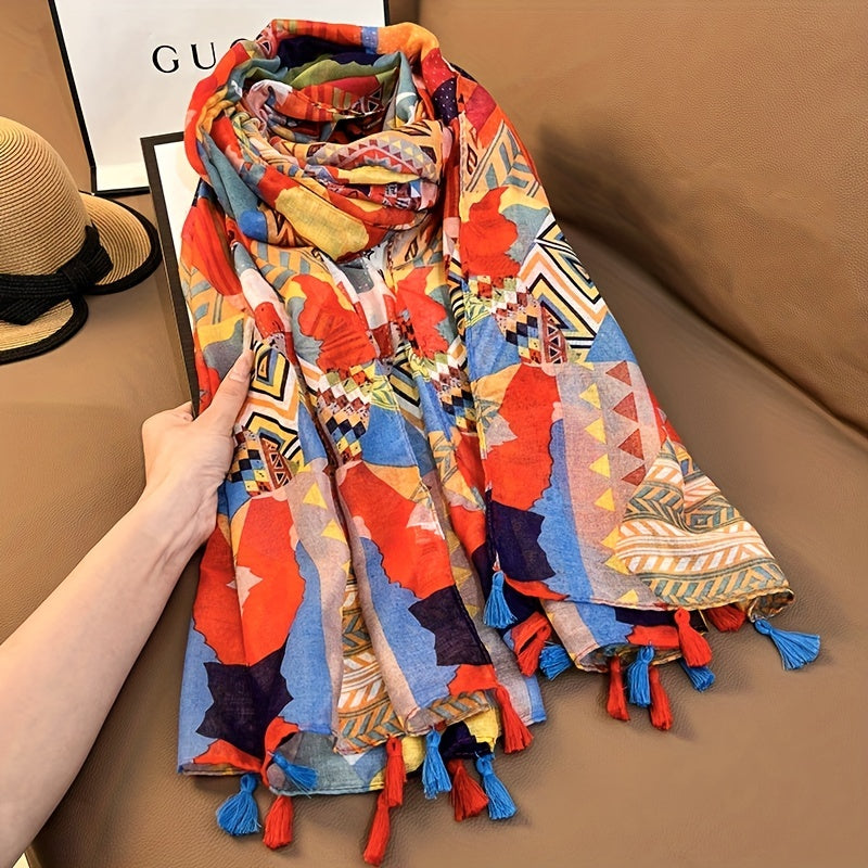 Red Boho Geometric Print Scarf Tassel Shawl Windproof Head Wrap