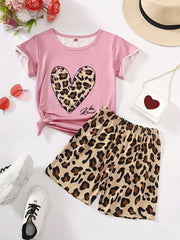 Girls Leopard Heart Graphic Tee & Shorts Loungewear Set
