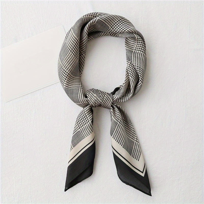Houndstooth Print Square Scarf Vintage Silk Shawl Women Head Wrap Satin Bandana