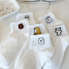 6 Pairs Cartoon Bear Print & Comfy Crew Short Socks Women's Stockings