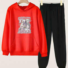 Anime Girl Print Hoodies & Jogger Pants Set For Girls