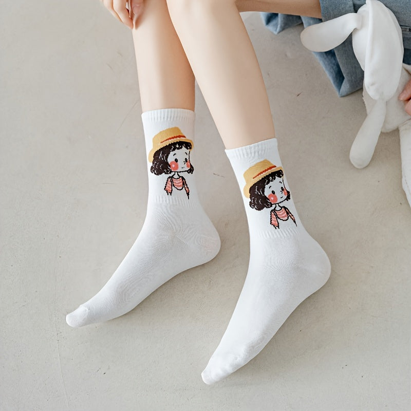 5 Pairs Cartoon Print Socks Comfy Mid Tube Stockings & Hosiery