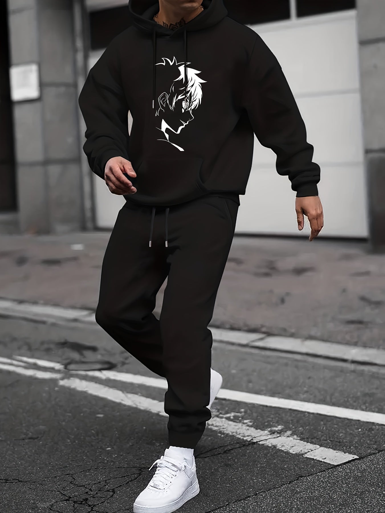 Men's Cartoon Print 2Pcs Outfit: Shirt & Hoodie Sweatshirt Joggers Set